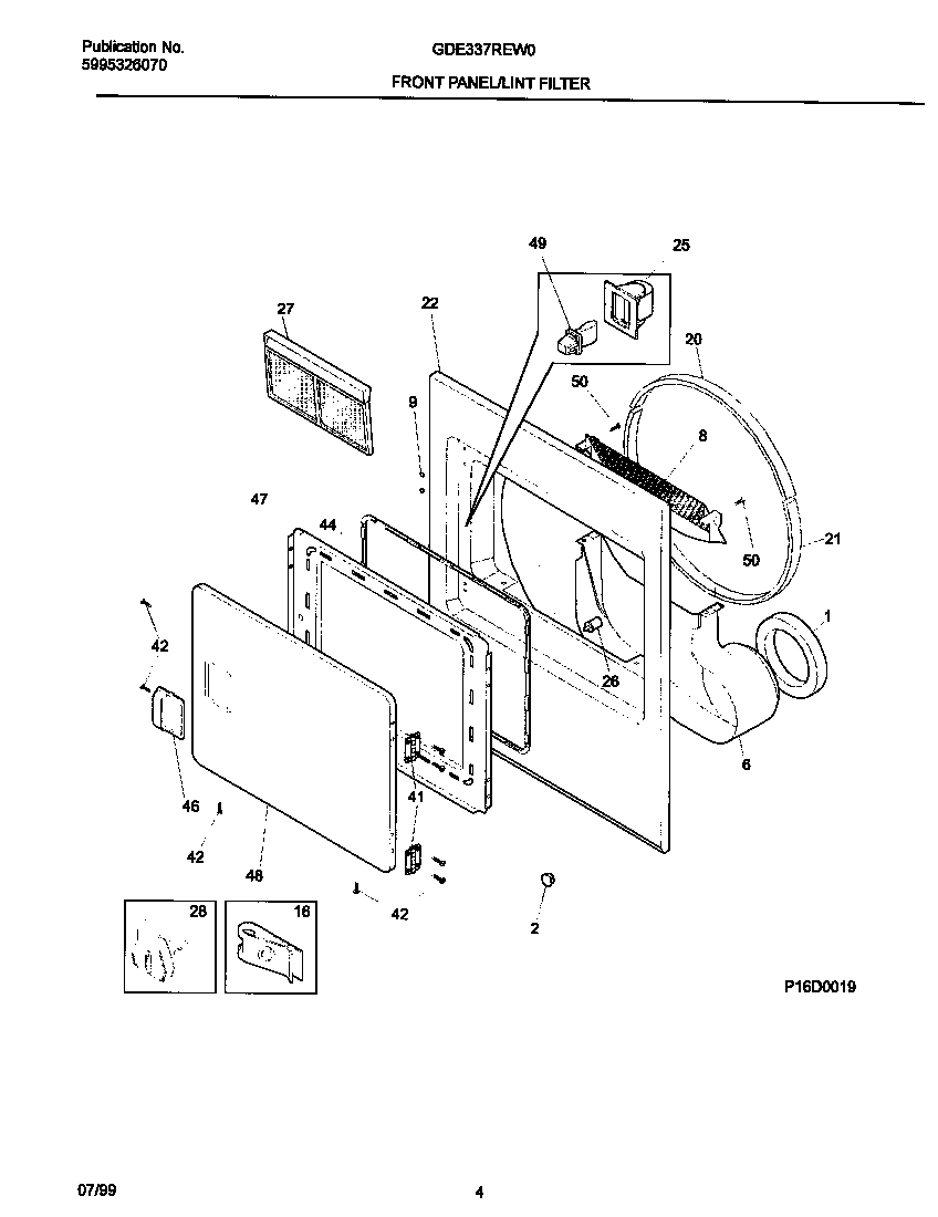 Frigidaire GDE337REW0 p16d0019 frnt pnl,door diagram