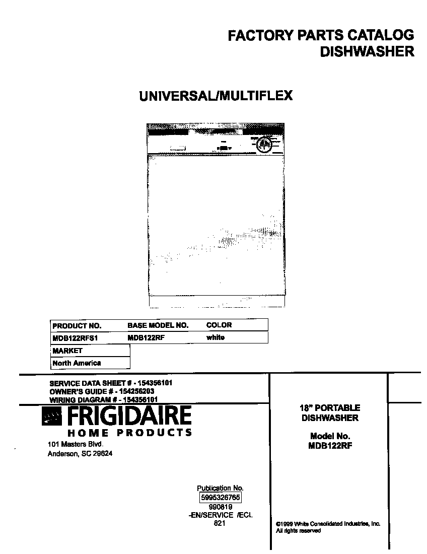 Universal/Multiflex (Frigidaire) MDB122RFS1 cover diagram