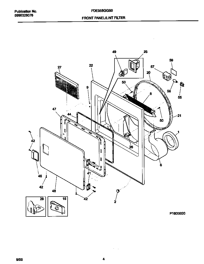 Frigidaire FDE558GGS0 p16d0020 frnt pnl,door diagram