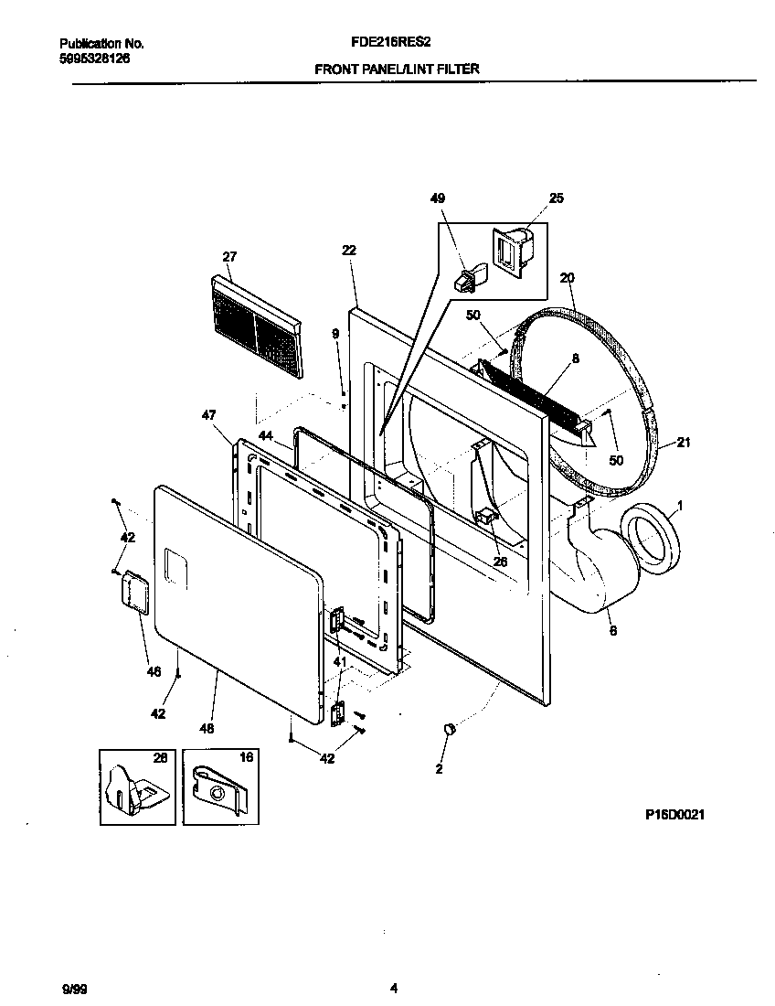 Frigidaire FDE216RES2 front panel/lint trap diagram
