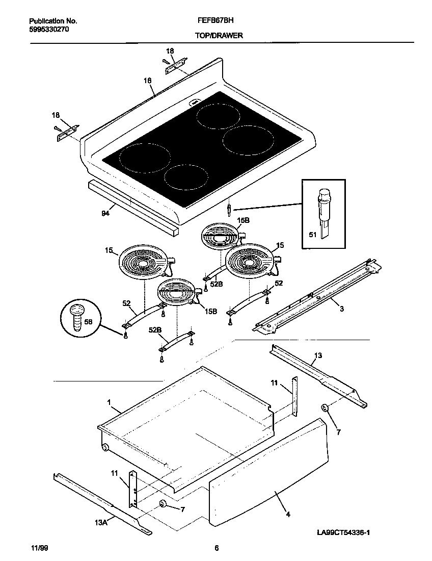 Frigidaire FEFB67BHDE top/drawer diagram
