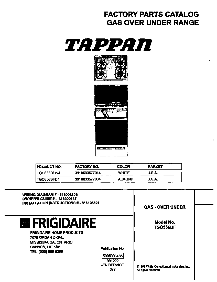 Frigidaire TGO356BFW4 cover diagram