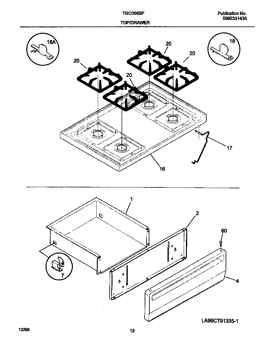 Frigidaire TGO356BFW4 top/drawer diagram