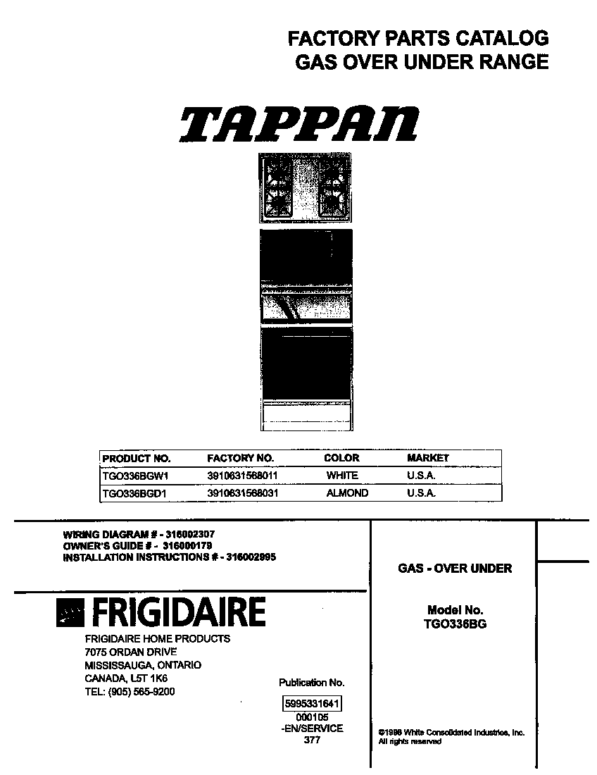 Tappan TGO336BGD1 cover diagram