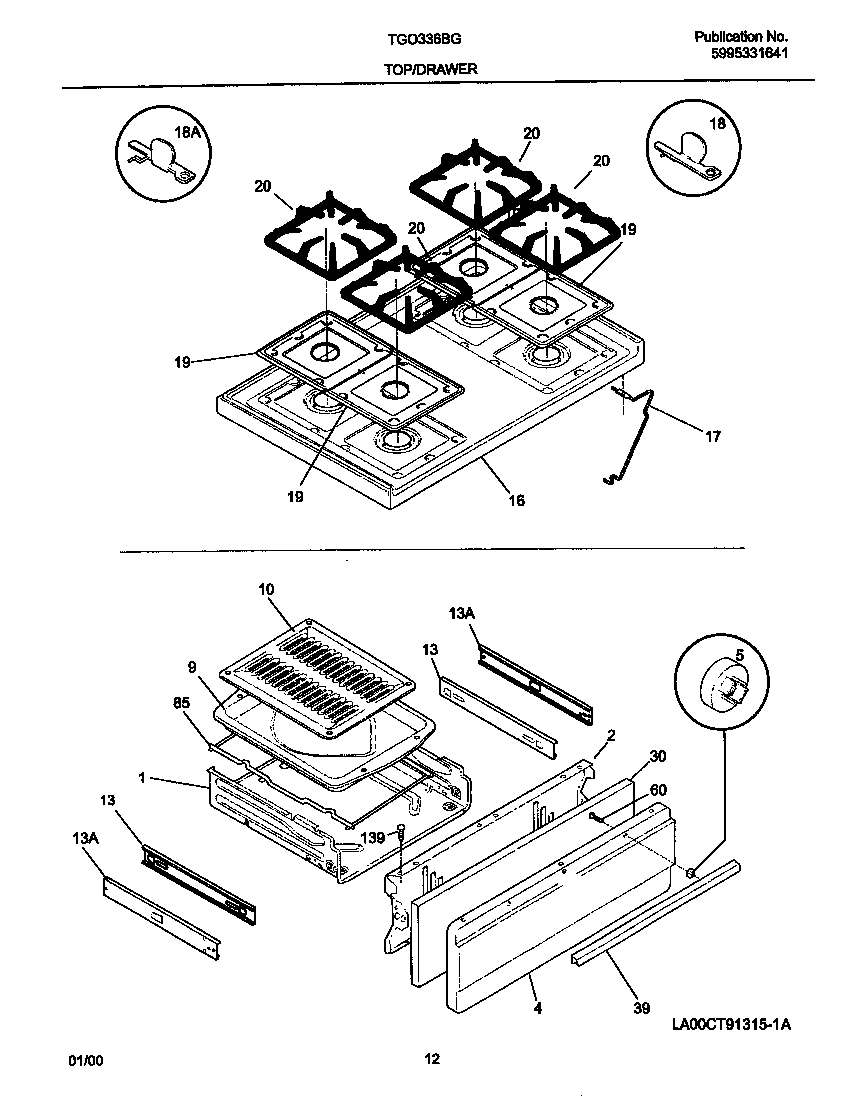 Tappan TGO336BGD1 top/drawer diagram