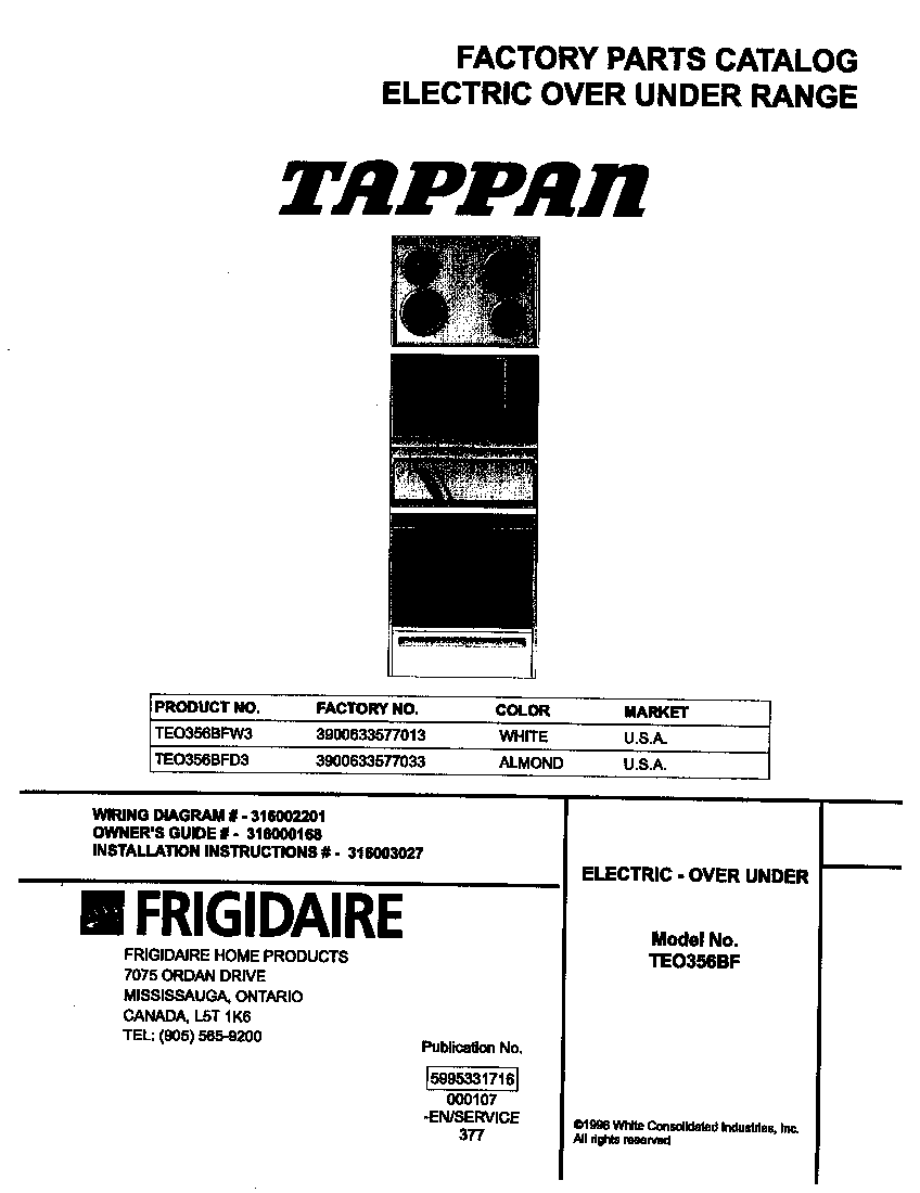 Tappan TEO356BFD3 cover diagram