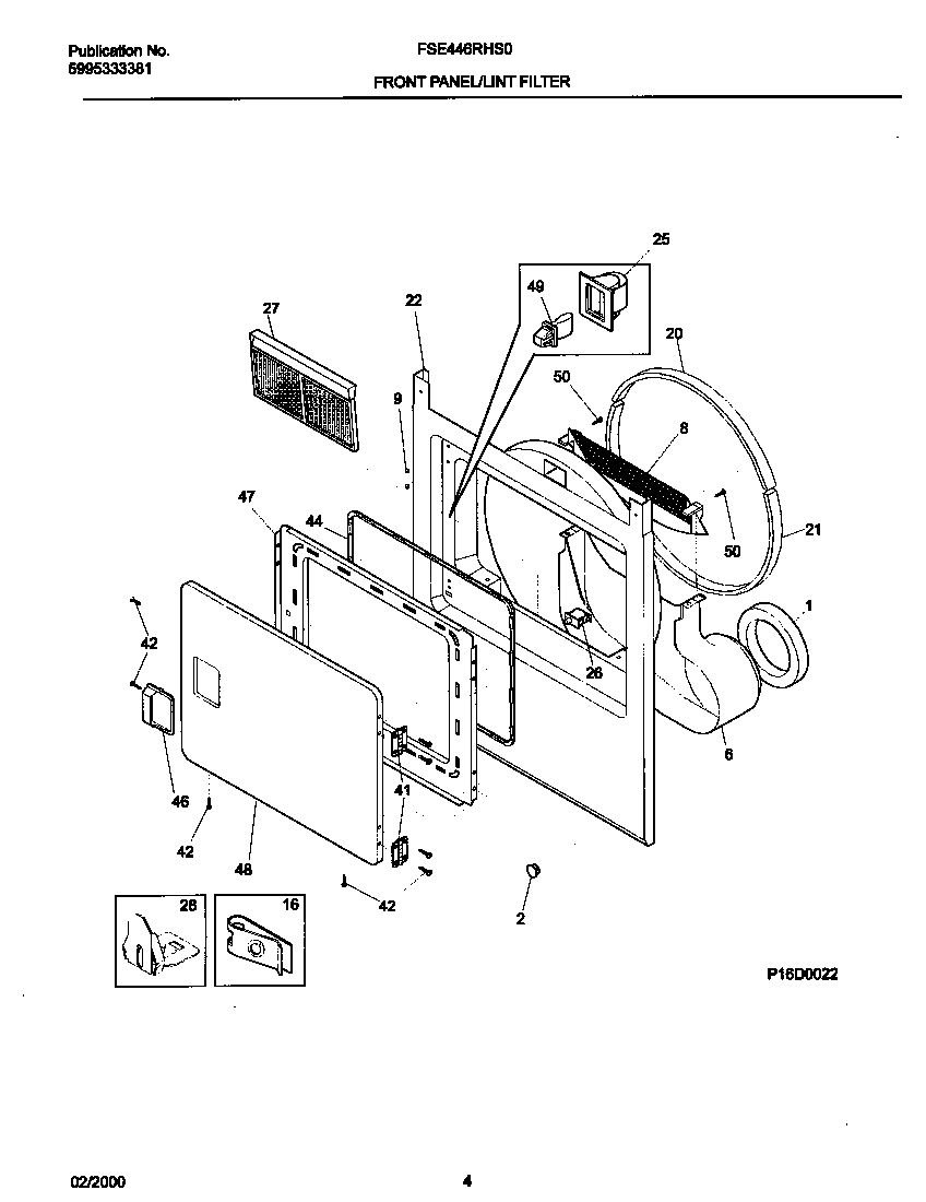Frigidaire FSE446RHS0 p16d0022 frnt pnl,door diagram