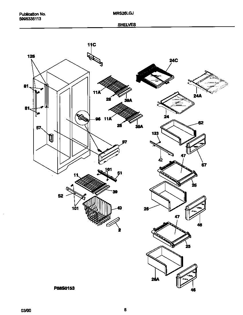 Universal/Multiflex (Frigidaire) MRS26LGJB0 shelves diagram