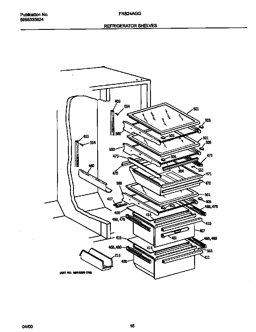 Frigidaire FRS24AGGW6 refrigerator shelves diagram