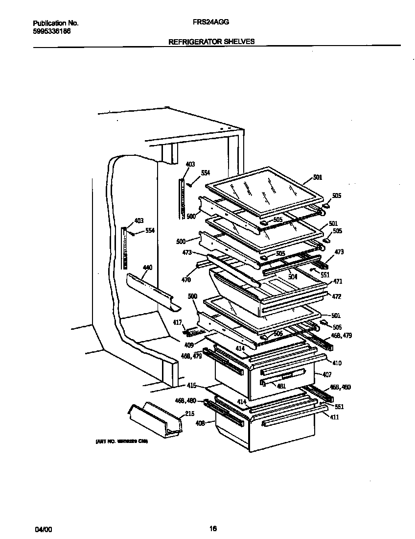 Frigidaire FRS24AGGW8 refrigerator shelves diagram