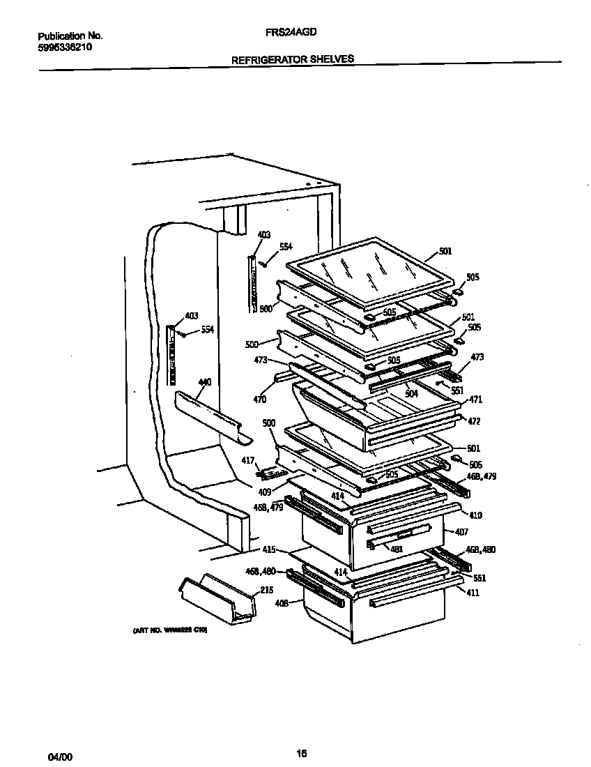 Frigidaire FRS24AGDB0 refrigerator shelves diagram