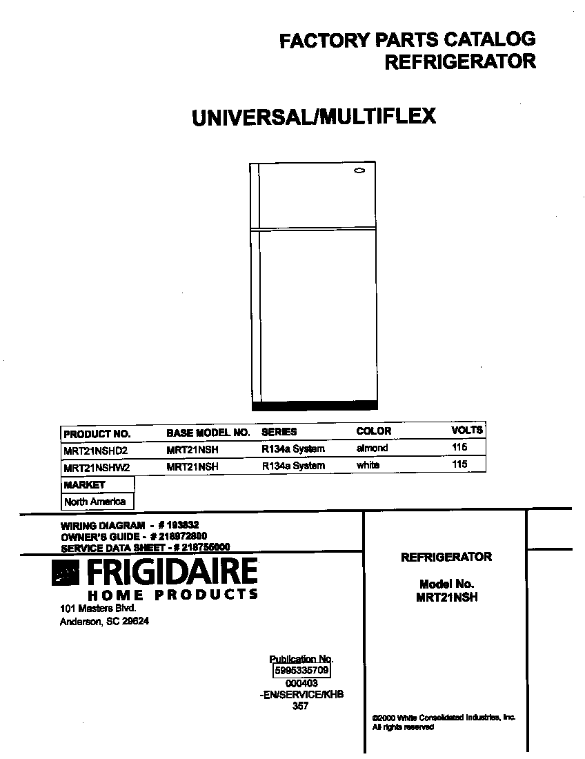 Universal/Multiflex (Frigidaire) MRT21NSHW2 cover diagram
