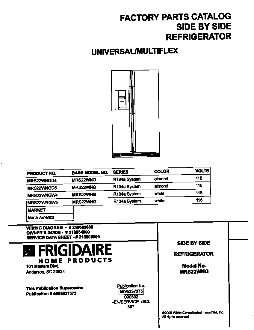 Universal/Multiflex (Frigidaire) MRS22WNGD5 cover diagram