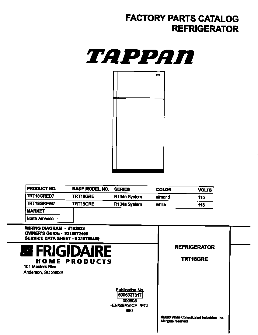 Tappan TRT18GREW7 cover diagram
