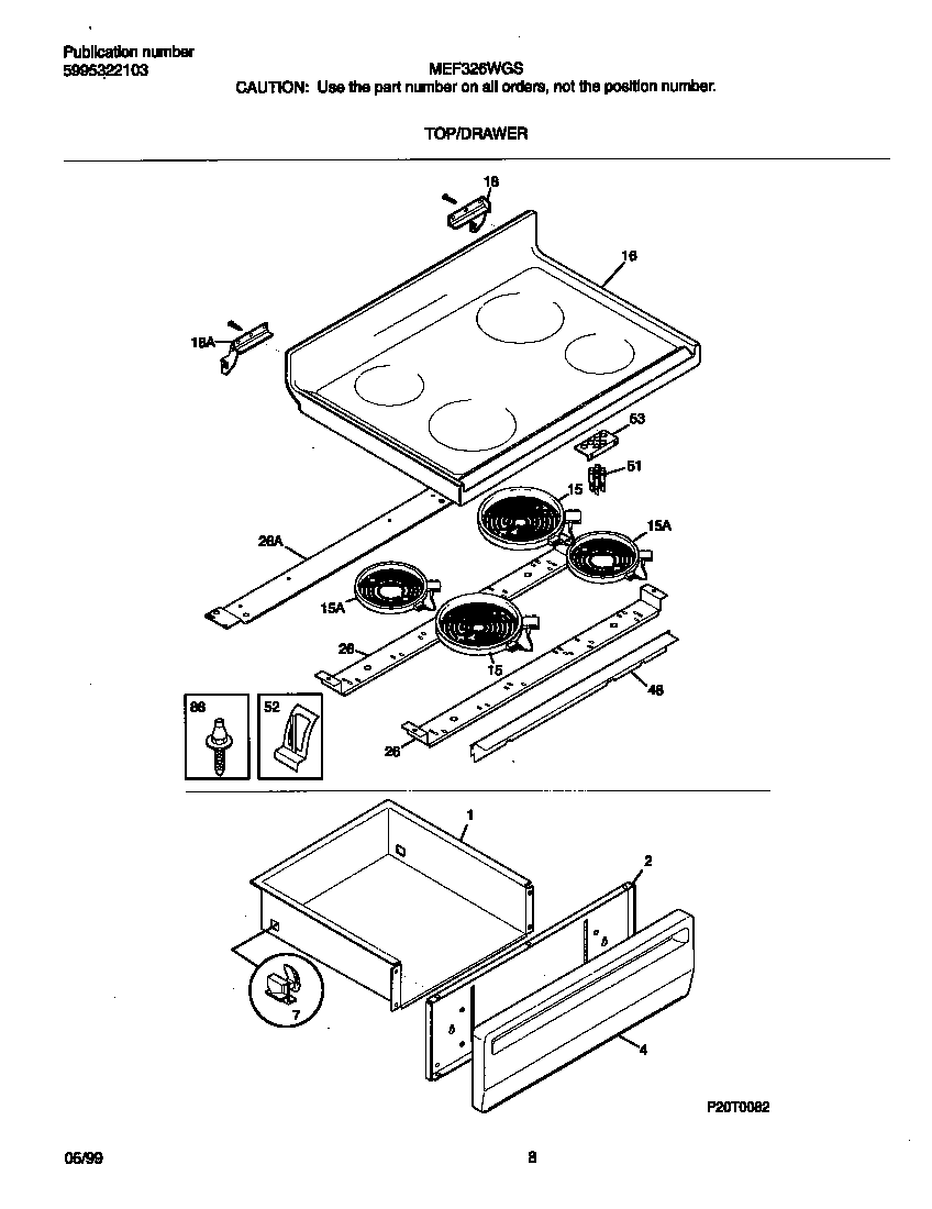 Frigidaire MEF326WGSB top/drawer diagram