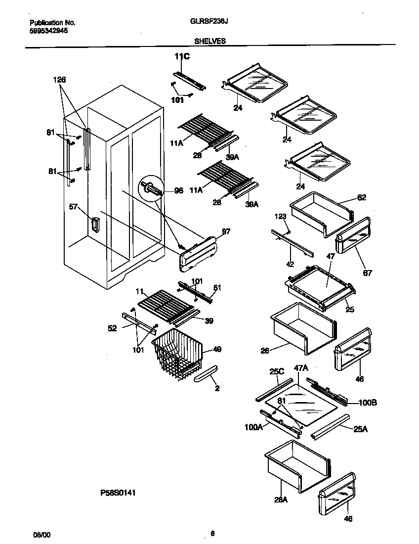 Frigidaire GLRSF236JB1 shelves diagram