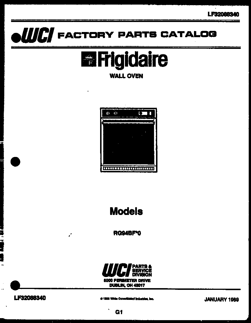Frigidaire RG94BFB0 cover page- text only diagram