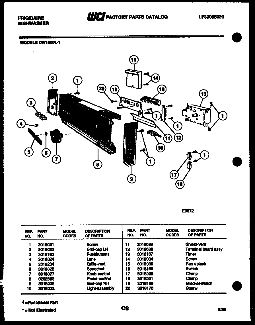 Frigidaire DW1800LW1 console and control parts diagram