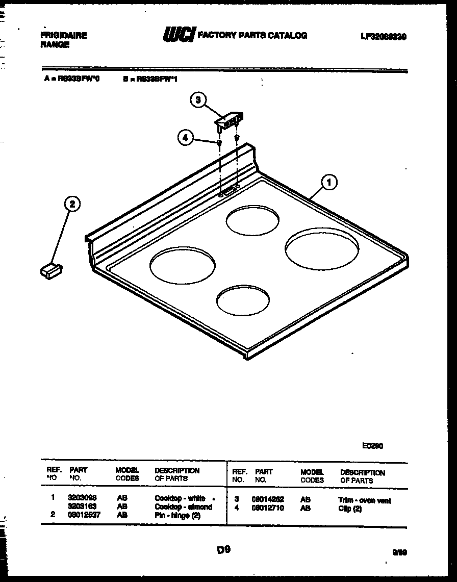 Frigidaire RS33BFW0 cooktop parts diagram
