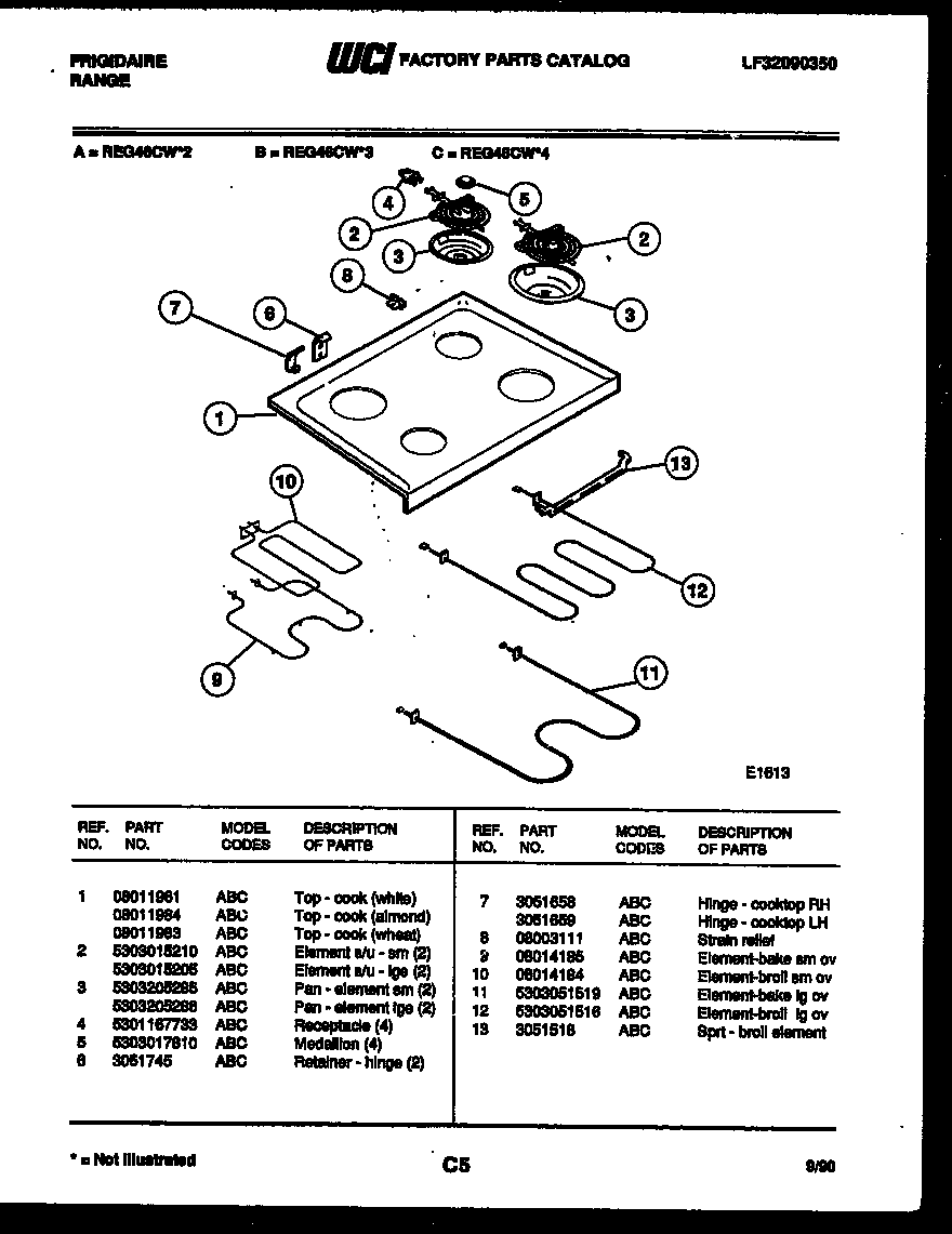 Frigidaire REG46CW3 cooktop and broiler parts diagram