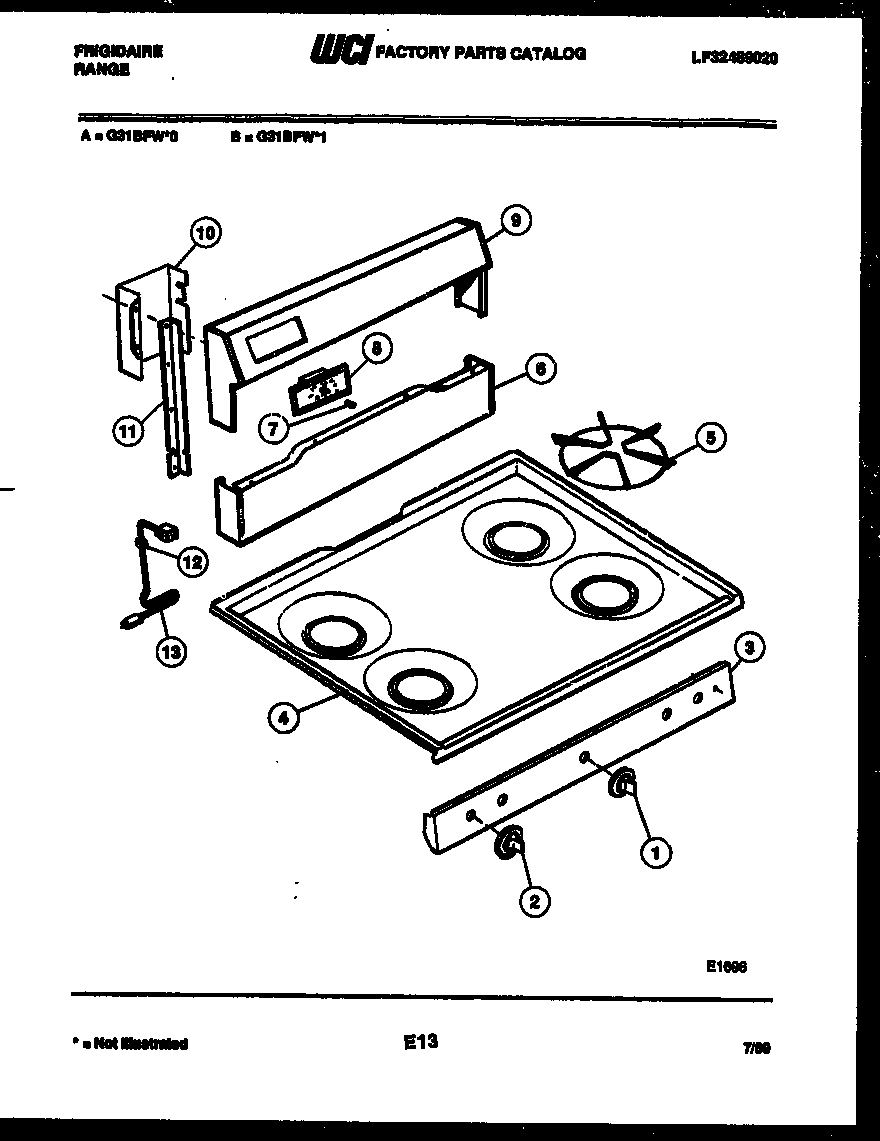 Frigidaire G31BFL0 backguard and cooktop parts diagram