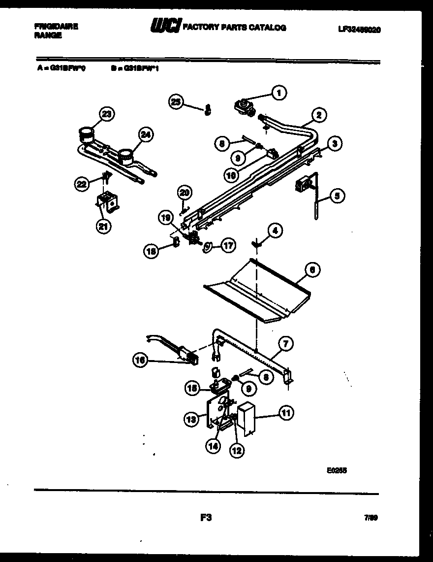 Frigidaire G31BFL0 burner, manifold and gas control diagram