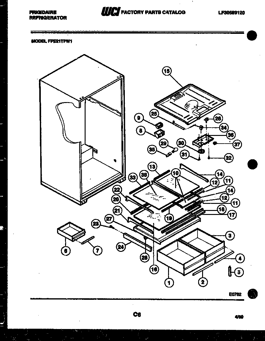 Frigidaire FPE21TFW1 shelves and supports diagram