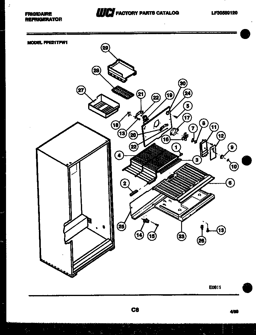 Frigidaire FPE21TFW1 shelves and supports diagram