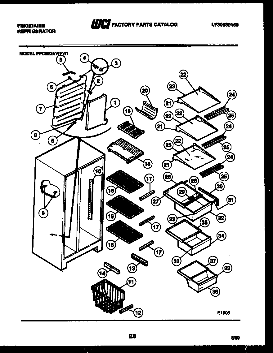 Frigidaire FPCE22VWFL1 shelves and supports diagram