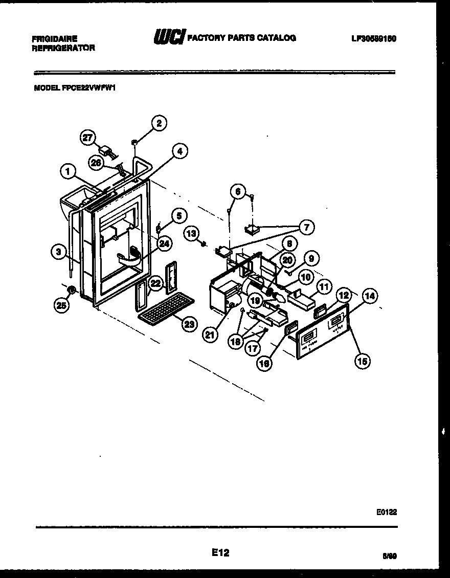 Frigidaire FPCE22VWFL1 ice door, dispenser and water tanks diagram