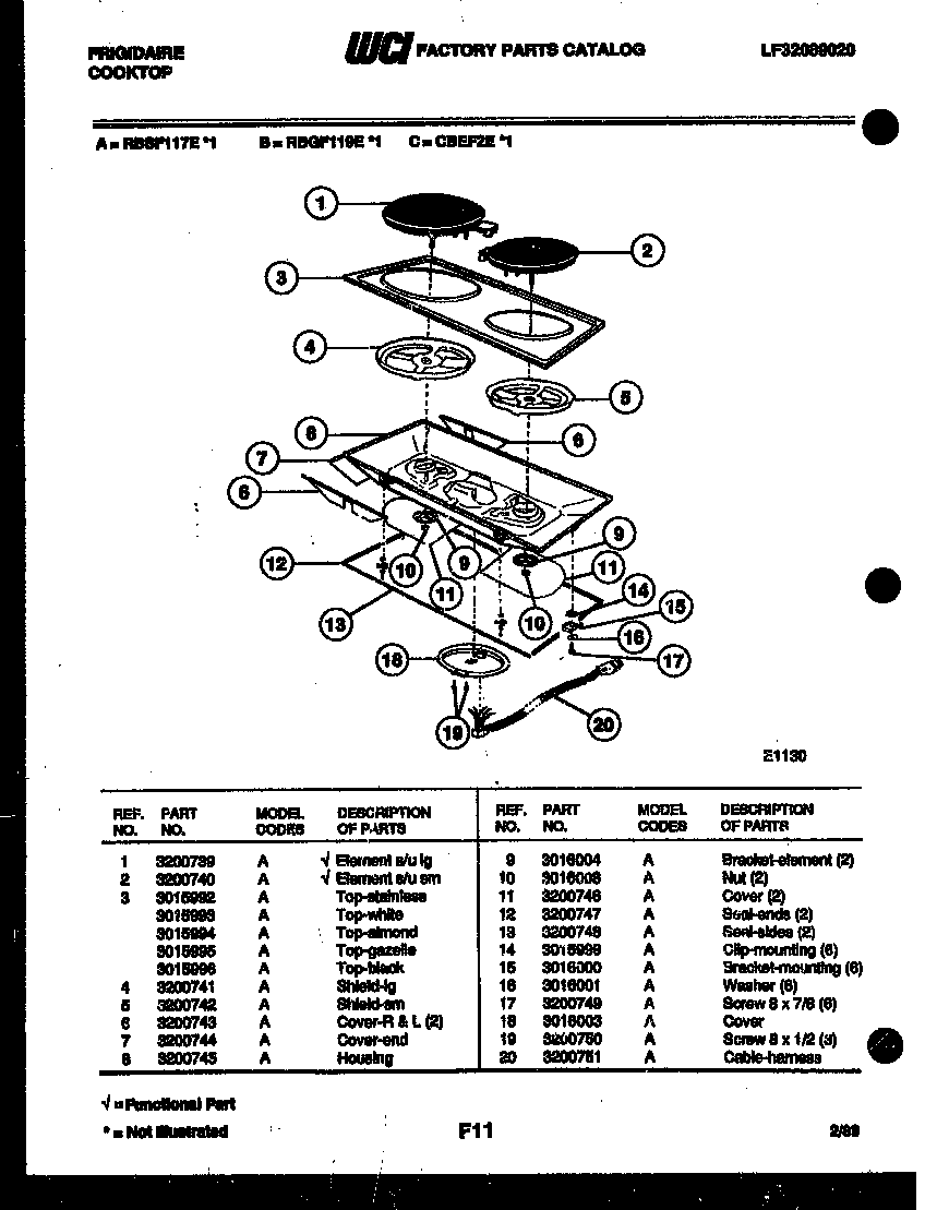 Frigidaire RBSF117EW1 cooktop parts diagram