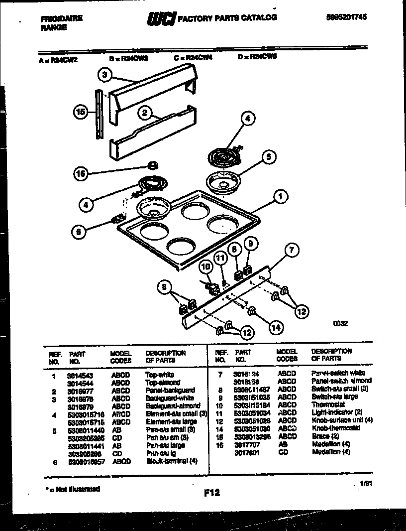 Frigidaire R24CL3 backguard and cooktop parts diagram