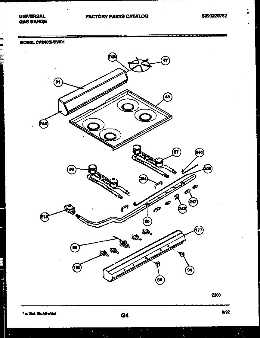Frigidaire CP240SP2D1 backguard, cooktop and burner parts diagram