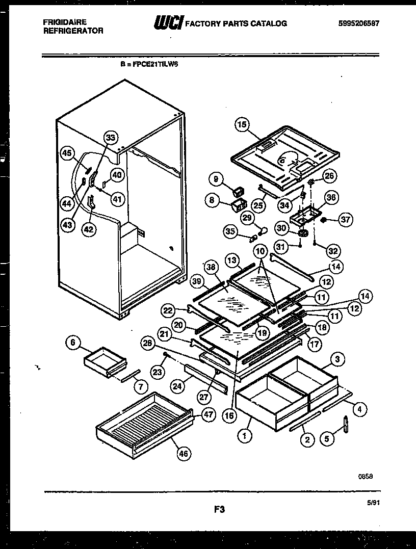 Frigidaire FPCE21TILW6 shelves and supports diagram