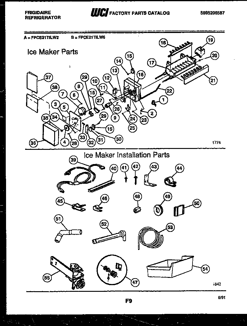 Frigidaire FPCE21TILW6 ice maker and installation parts diagram