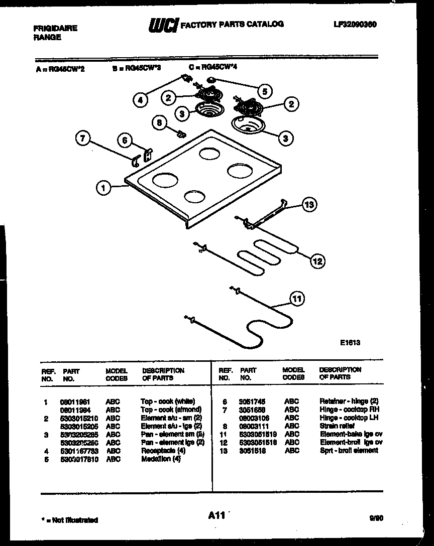 Frigidaire RG45CL4 cooktop and broiler parts diagram