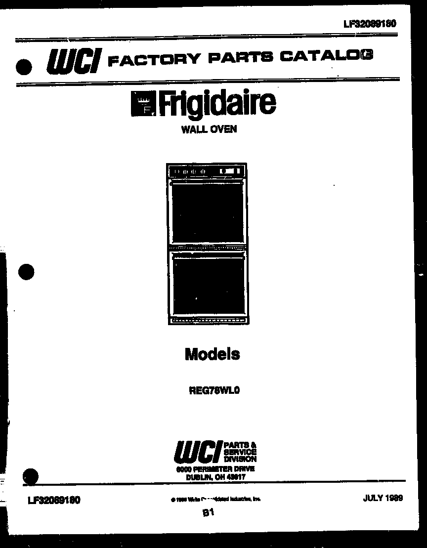 Frigidaire REG78WLB0 cover page- text only diagram