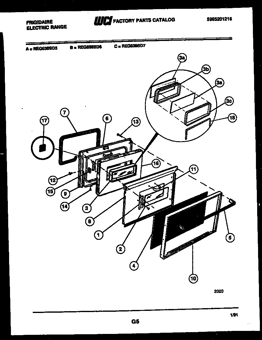 Frigidaire REG638BDW7 lower oven door parts diagram