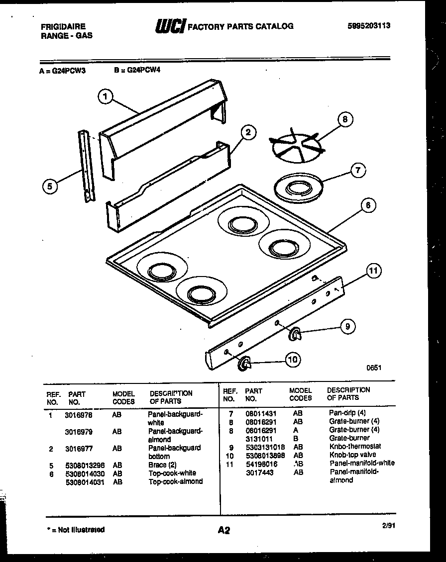 Frigidaire G24PCW3 backguard and cooktop parts diagram