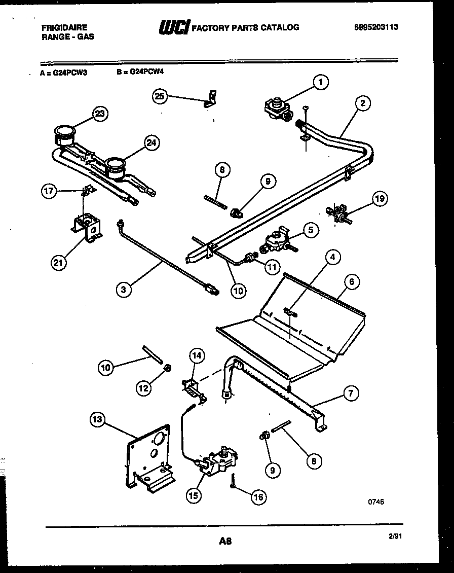 Frigidaire G24PCW3 burner, manifold and gas control diagram
