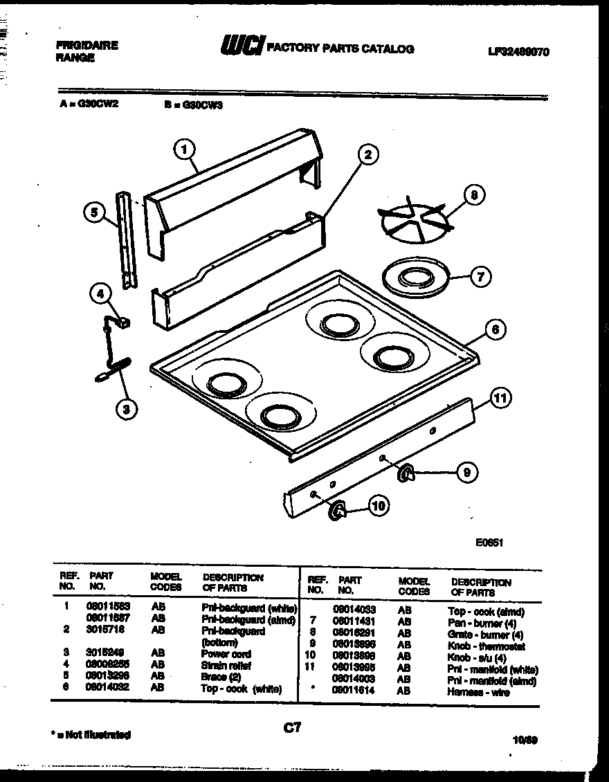 Frigidaire G30CW3 backguard and cooktop parts diagram