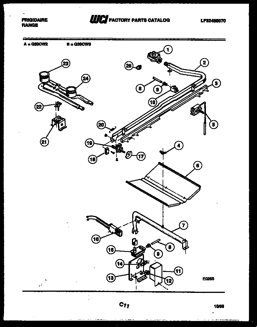 Frigidaire G30CW3 burner, manifold and gas control diagram