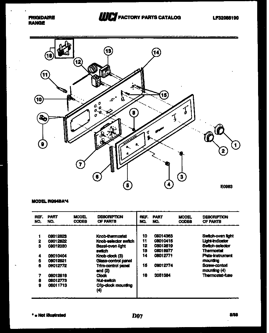 Frigidaire RG94BAB4 control panel diagram