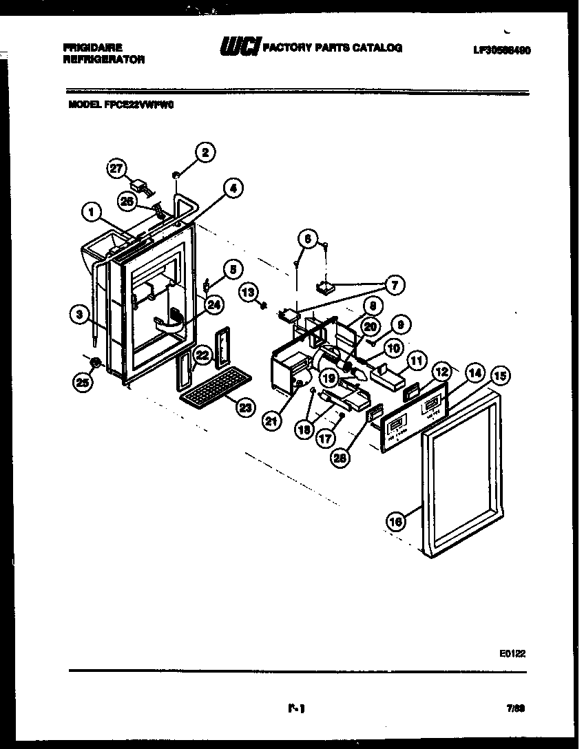 Frigidaire FPCE22VWFF0 ice door, dispenser and water tanks diagram