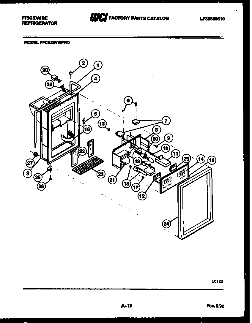 Frigidaire FPCE24VWFA0 ice door, dispenser and water tanks diagram