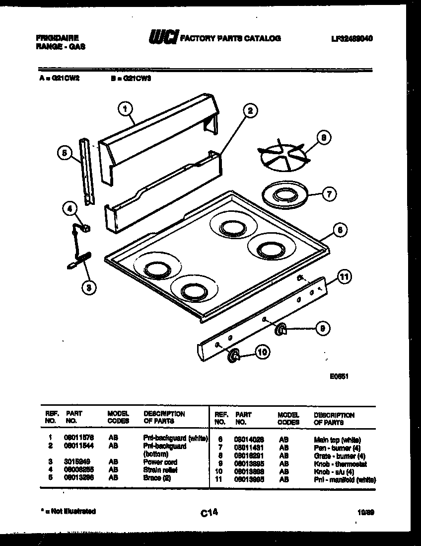 Frigidaire G21CW2 backguard and cooktop parts diagram