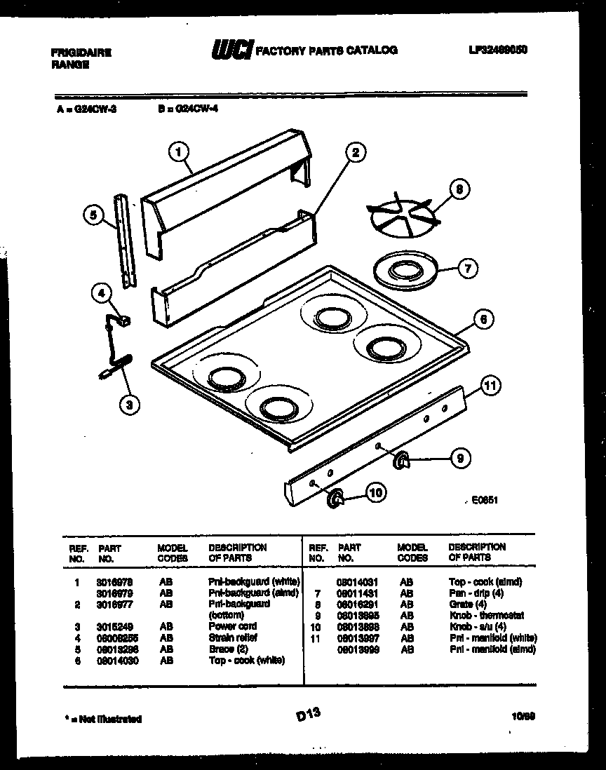 Frigidaire G24CW4 backguard and cooktop parts diagram