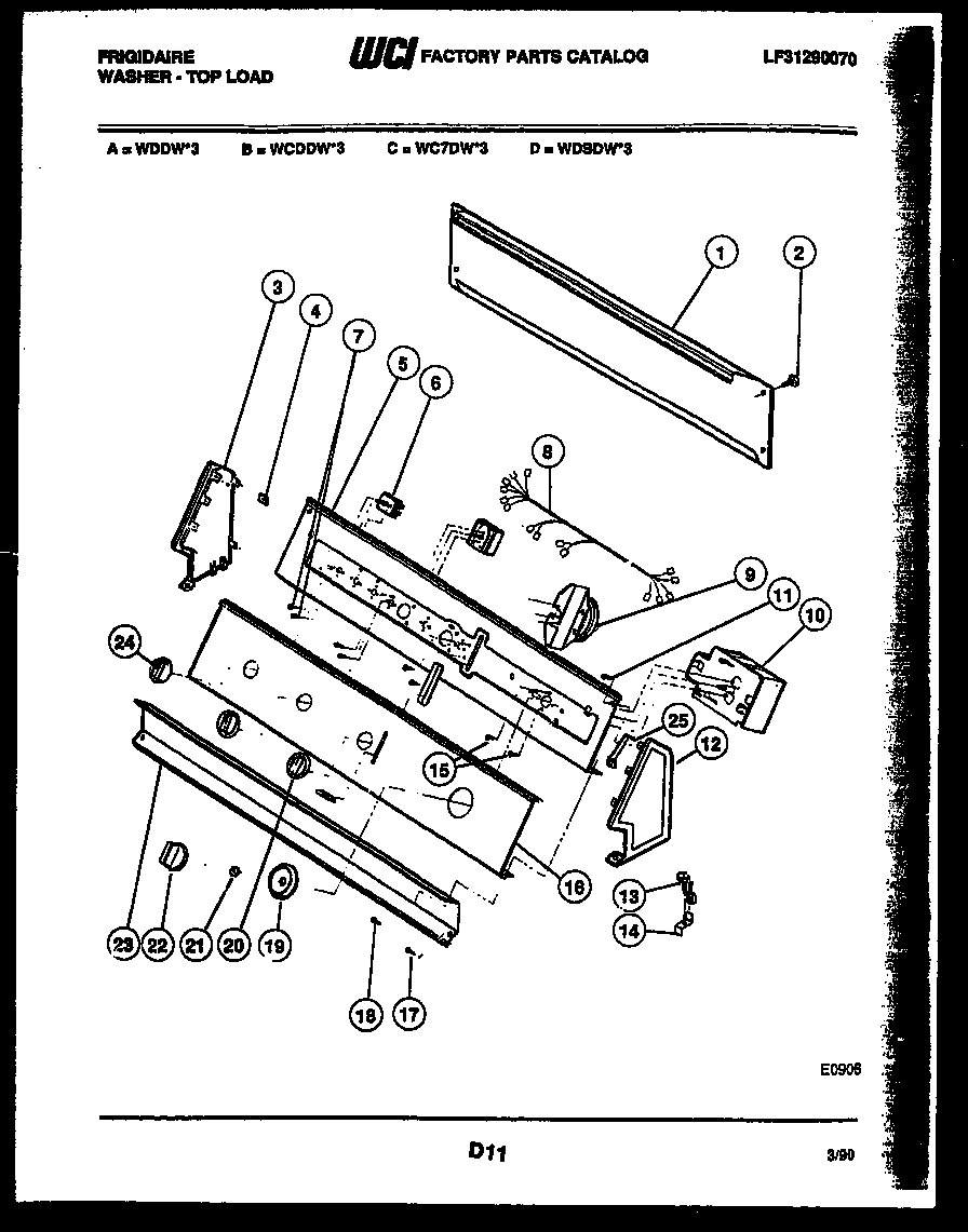 Frigidaire WCDDW3 console and control parts diagram