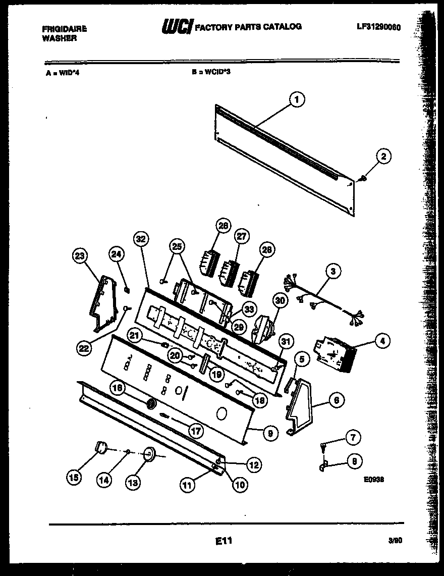 Frigidaire WIDW4 console and control parts diagram