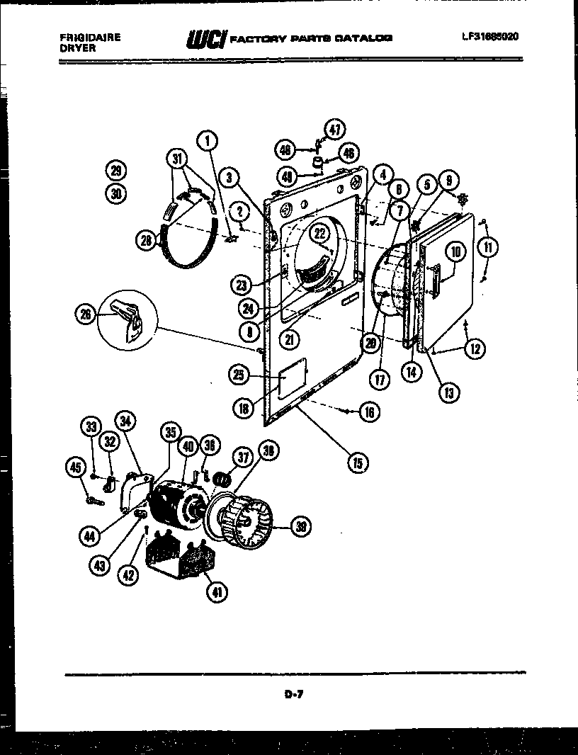 Frigidaire DG2000DW1 cabinet front, motor and blower diagram